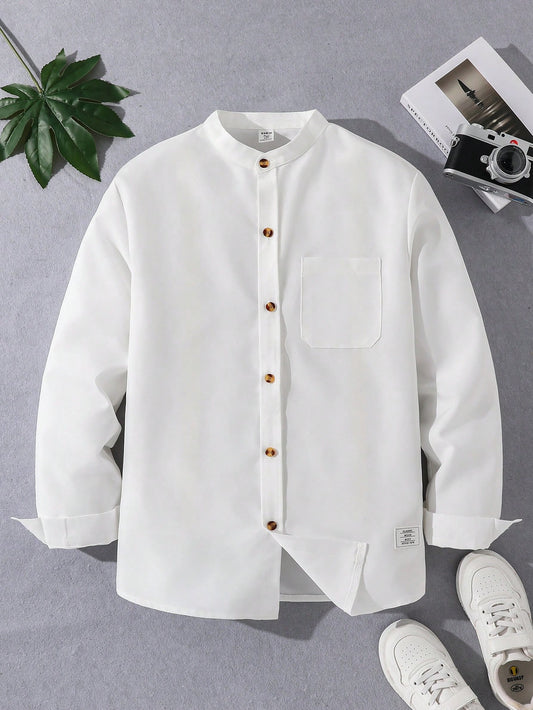 Solid Color Front Button Long Sleeve Pocket Simple Casual Shirt
