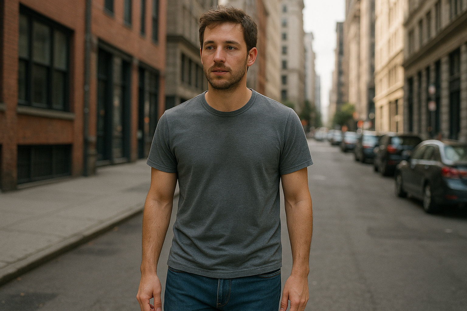 One man with basic tshirt in streets