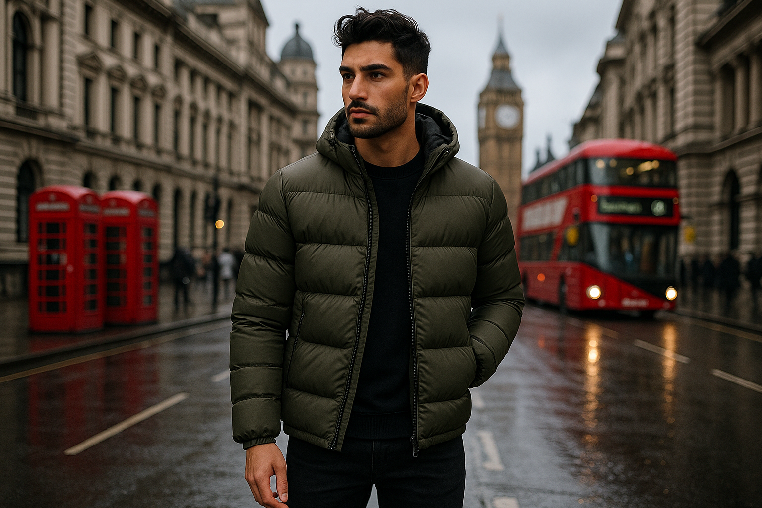 style man with puffer jacket in london